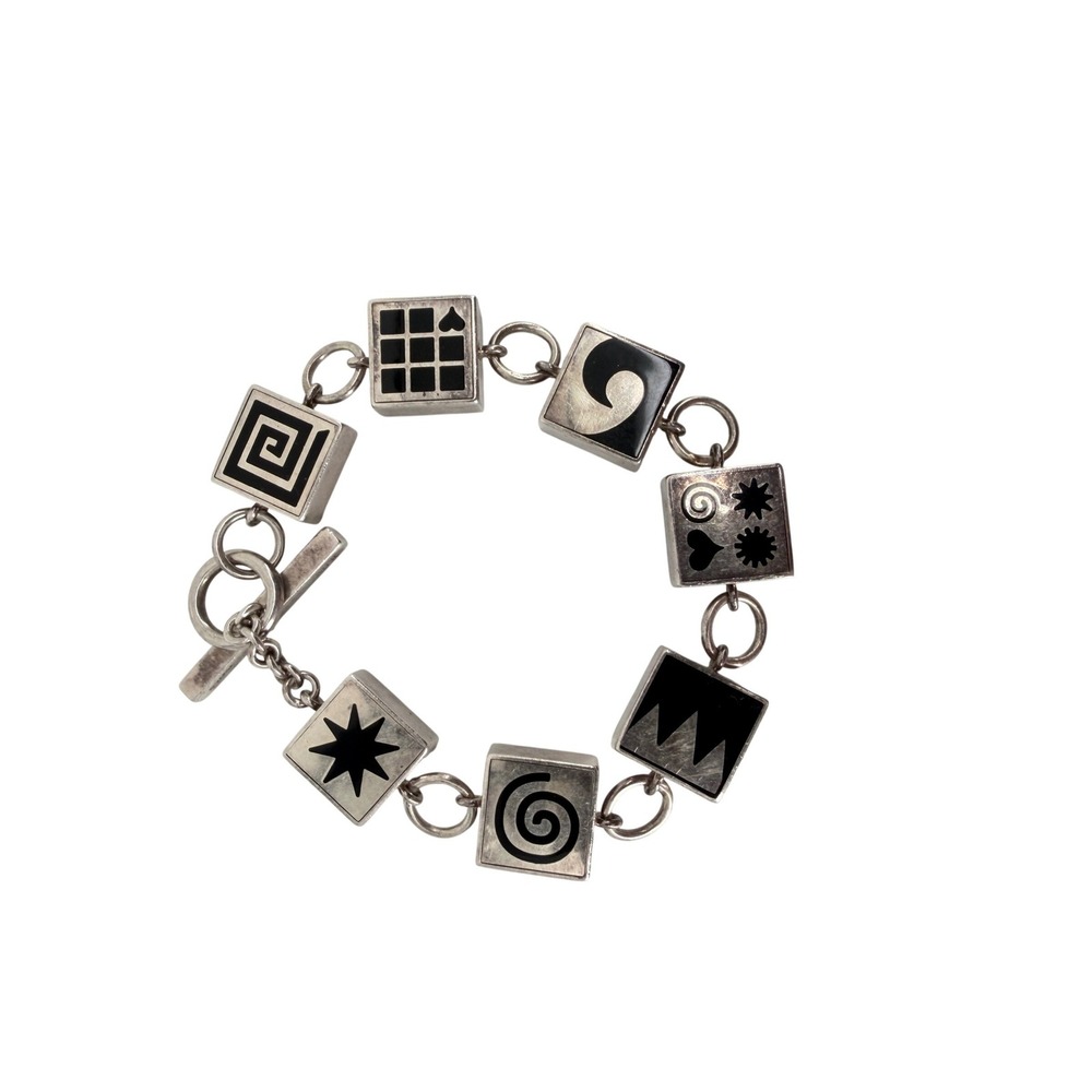 VTG Varga Sterling Silver Reversible Black Enamel Geometric Star Link Bracelet